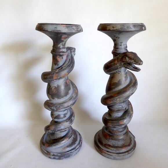 13.75” HOLIDAY BARN GOTHIC HALLOWEEN SERPENT COILED SNAKE CANDLE STICK HOLDERS - Picture 6 of 13
